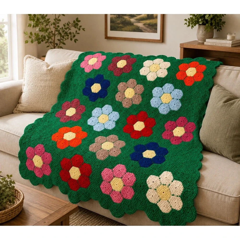 Vintage Handmade Crochet Flower Power Afghan Blanket 60x70 Green Floral Retro 70